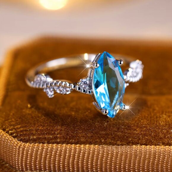 NEW 18k White Gold Blue Sapphire Diamond Ring Marquise Cut Ring - Picture 6 of 7